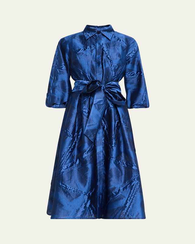 Blouson-Sleeve Jacquard Midi Shirtdress